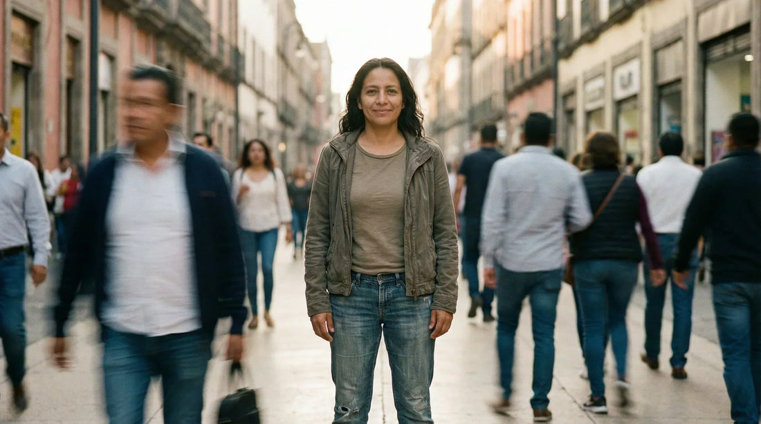 Persona latinoamericana caminando con calma y ligera sonrisa en una calle urbana concurrida, mientras la gente a su alrededor se mueve rápidamente, simbolizando vivir en el presente.